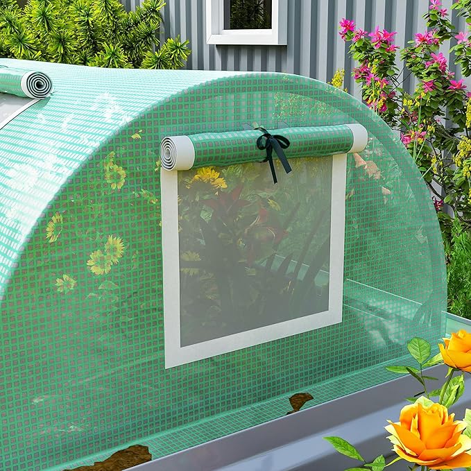 Outsunny 10' x 3' x 2' Mini Greenhouse with 5 Mesh Windows Portable Plant Hot House with PE Cover Steel Frame for Garden Backyard Green