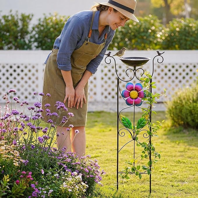 Bird Bath with Trellis Outdoor - 40 Antique Iron Free Standing with 9 Detachable Basin Spinning Flower Windmill &amp Birdfeeder Station for Garden Decor