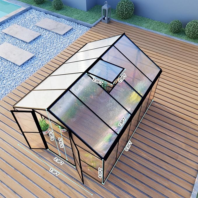 8X10 FT Greenhouses for Outdoors Aluminum Large Polycarbonate Greenhouse Quick Setup Walk in Green House with Roof Vent and Swing Lockable Door for Outside Black (119 W x 96 D x 77 H)