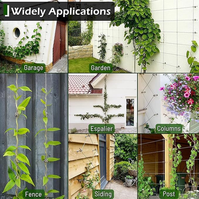 12-Set Black 5/64 (2mm) Wire Trellis for Climbing Plants Outdoor with 53ft Vinyl Coated Cable T316 Stainless Steel Wall Wire Trellis Kit