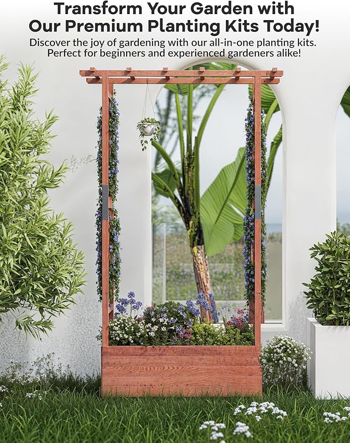 Elevated Wooden Planter Box with Arch &amp Side Trellis – Raised Garden Bed for Climbing Plants Vines Flowers – Hanging Roof 4 Drainage Holes Freestanding – Patio/Deck – Size: