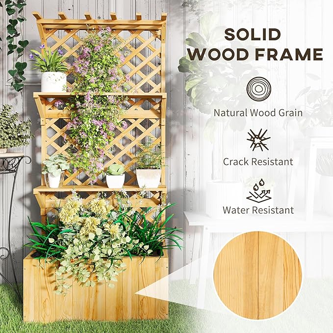 Outsunny Wooden Planter with Trellis Raised Garden Bed with Hanging Roof Plant Shelf Drainage Holes and Bed Liner for Climbing Plants Vegetables Flowers 30 x 13 x 70 Natural