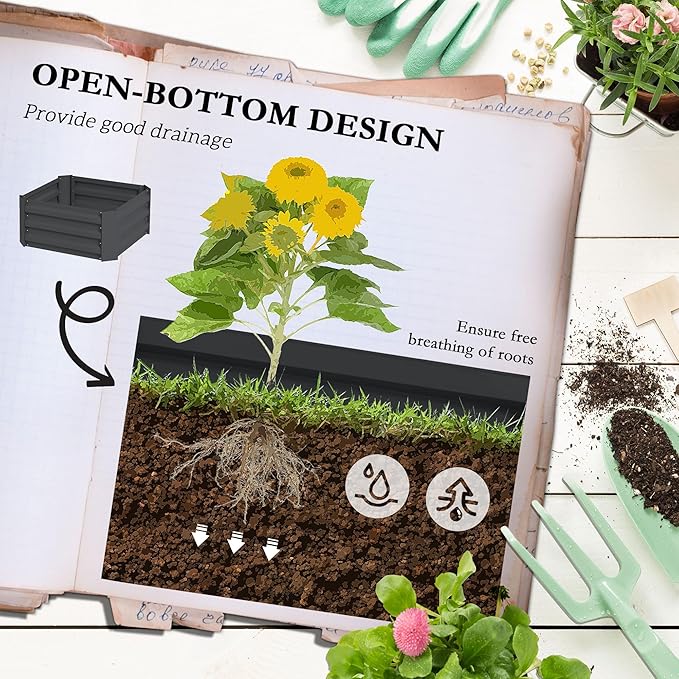 Galvanized Raised Garden Bed 24 x 24 x 11.75 Outdoor Planter Box with Trellis Tomato Cage and Open Bottom for Climbing Vines Vegetables Flowers in Backyard Garden Patio Gray