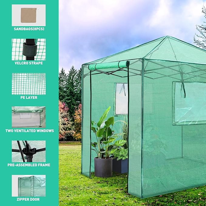 PexFix 8'x 8' Portable Walk-in Greenhouse Easy Setup Indoor/Outdoor 2 Roll-Up Mesh Windows Roll-Up Zipper Door Green