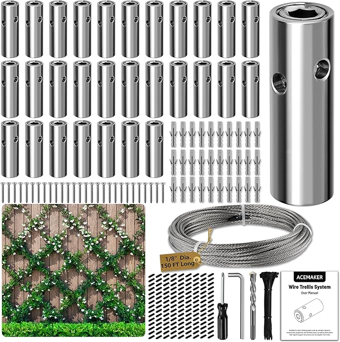 Wire Trellis for Climbing Plants Outdoor 30-Set Wall Wire Trellis Kit with 1/8in x 150ft Stainless Steel Cable T316 Cylindrical Espalier System for Fence and Garden DIY Projects
