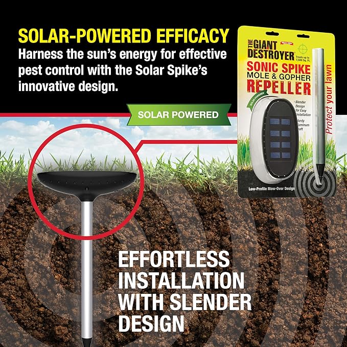 Sonic Spike Mole &amp Gopher Repeller - Solar Powered Ultrasonic Animal Repellent Spikes - Repels Rodents from Lawn Garden &amp Home (4 Pack)