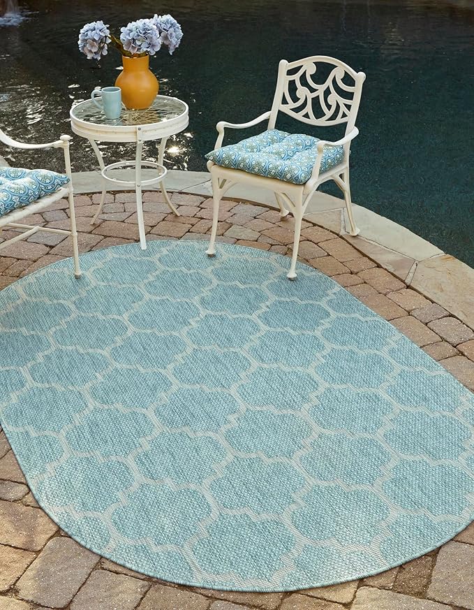 Unique Loom Outdoor Trellis Collection Area Rug (5' 1 x 8' Oval Aquamarine/ Gray)