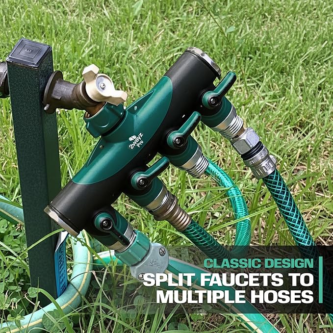 Garden Hose Splitter 4 Way - Heavy Duty Water Hose Manifold with Shut-Off Valves - Outdoor Faucet Divider and Spigot Connector for Garden Lawn or Patio Use - Durable Brass Pipe Splitter - Classic