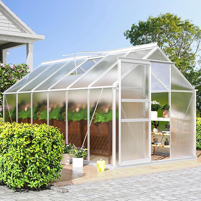 DWVO 6x12FT Polycarbonate Greenhouse for Outdoors Large Heavy Duty Aluminum Greenhouses with Sliding Doors and Vent Window Walk-in Greenhouse for Garden Backyard Easy to Setup Silver