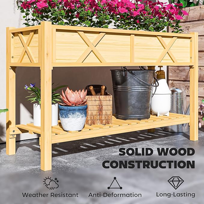 Outsunny Raised Garden Bed Elevated Wood Planter Box with Storage Shelf Drainage Holes and Liner for Backyard Patio Balcony 47 x 22 x 31.5 in Natural