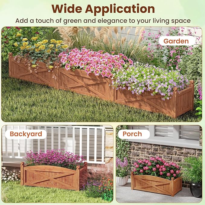 2 Pcs Raised Garden Bed 36”L x 16”W x 15”H Wooden Planter Boxes w/Drainage Holes &amp Removable Base Rectangular Garden Bed for Flowers Herbs Vegetables Fruits Patio Balcony Yard