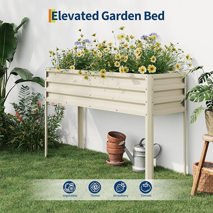 Galvanized Raised Garden Bed with Legs Large Elevated Planter Box for Vegetables Outdoor Garden Bed for Patio Backyard Balcony Self Watering Metal Planter Beige