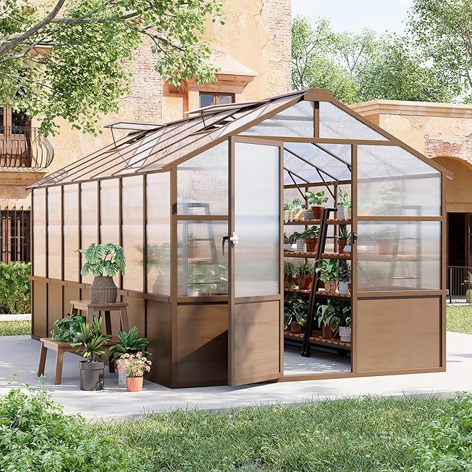 8x14 FT Wooden Greenhouse for Outdoors Walk in Polycarbonate Greenhouse with Locked Door and Roof Vent Heavy Duty Green Houses with Cedar Frame for Outside Garden Backyard Brown