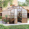 8x14 FT Wooden Greenhouse for Outdoors Walk in Polycarbonate Greenhouse with Locked Door and Roof Vent Heavy Duty Green Houses with Cedar Frame for Outside Garden Backyard Brown