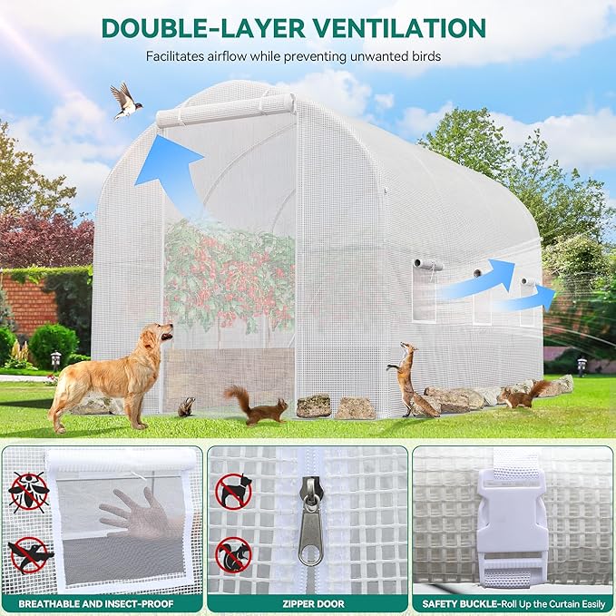 YITAHOME 10x6.5x6.5ft Greenhouses Large Walk-in Green House Heavy Duty Tunnel Green Houses Outdoor Portable Plant Gardening Upgraded Galvanized Steel Frame Zipper Doors 5 Crossbars Garden White