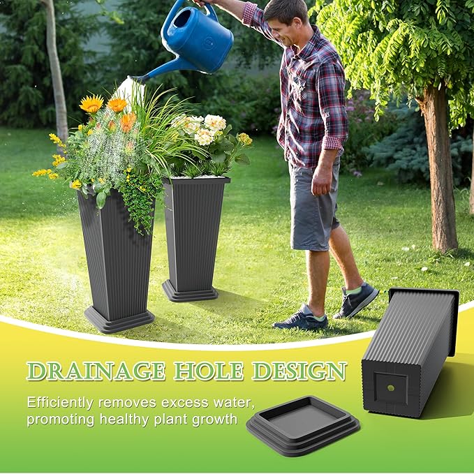 Set of 2 Tall Planters 24 Large Indoor Outdoor Flower Pots with Tray Modern Tapered Planters for Porch Patio Garden Backyard