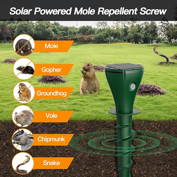 4 Pack Mole Repellent Solar Powered Vibrating Solar Mole Repellent Stakes for Voles Groundhogs Snakes &amp Gophers IP65 Waterproof Mole Deterrent for Yard Farm Lawn &amp Garden