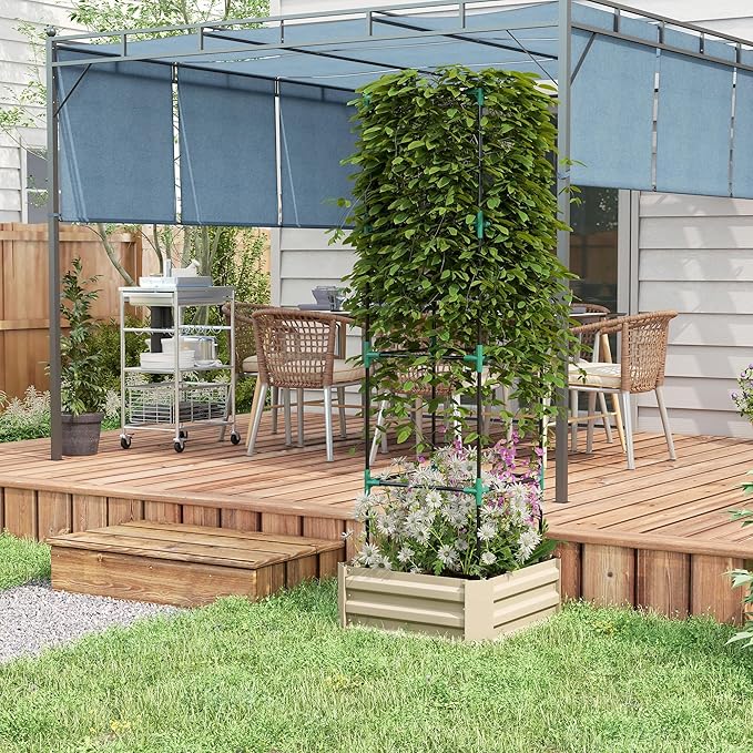 Galvanized Raised Garden Bed 24 x 24 x 11.75 Outdoor Planter Box with Trellis Tomato Cage and Open Bottom for Climbing Vines Vegetables Flowers in Backyard Garden Patio Cream