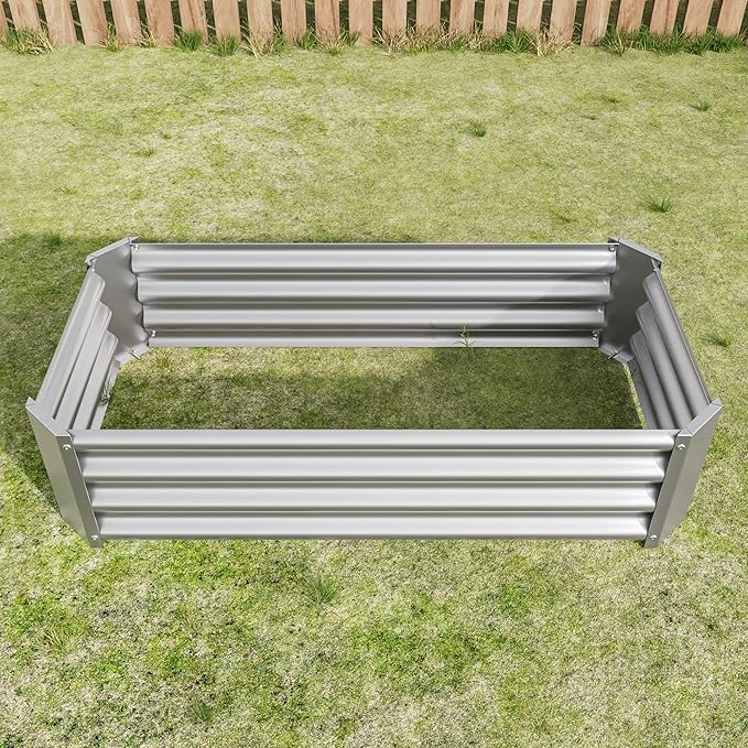 Metal Raised Garden Bed Rectangle Raised Planter 4×2×1ft for Flowers Plants Vegetables Herb Silver