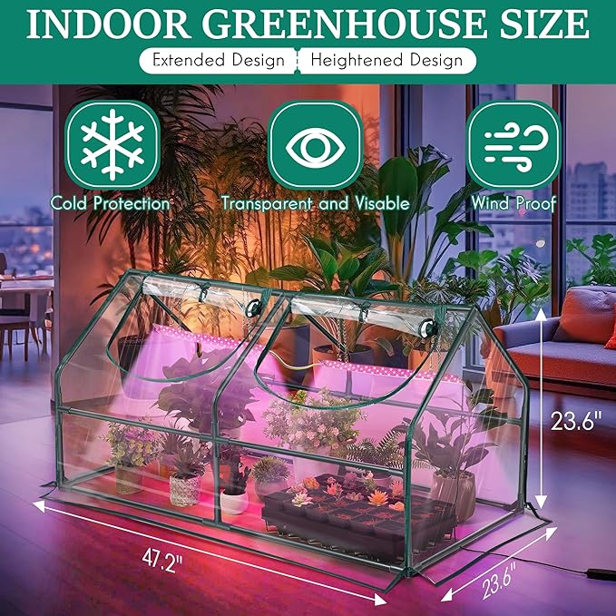 Meonum Mini Greenhouse with Grow Light 47.2 L x 23.6 L x 23.6 W Portable Greenhouses Waterproof UV-Resistant for Indoor/Outdoor Seed Starting (House Shape)