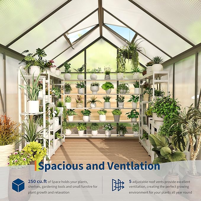 6X8FT Walk-in Polycarbonate Greenhouse Outdoor Weatherproof Greenhouse Kit with Adjustable Roof Vent Sliding Door &amp Gutter Drainage Portable Green House for Patio Backyard Winter Gardening