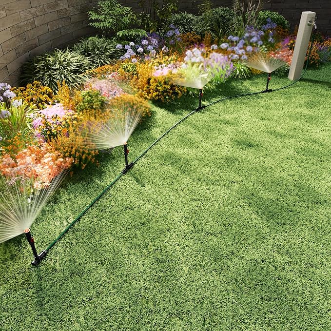 Flexible Sprinkler System Above Ground DIY Irrigation Kit Multi-Adjustable Lawn Sprinkler Set Ideal for Plant and Flower Bed Watering 50ft Garden Hose Included