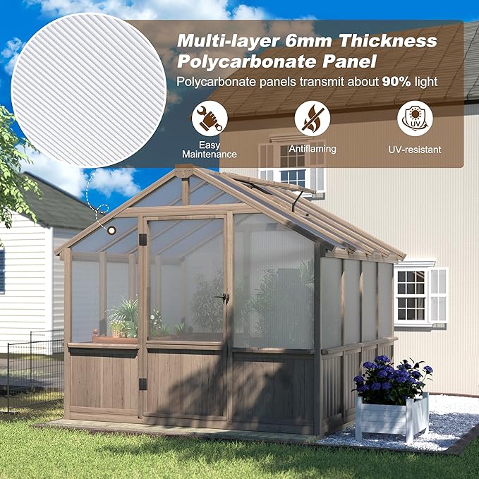 VEIKOU 8’x8’ Greenhouses for Outdoors Walk-in Wood Greenhouse with Cedar Frame &amp Adjustable Vents Garden Green House with 6MM Thick Polycarbonate Panel for Outside Backyard Light Brown Mocha