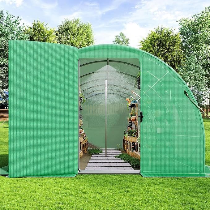 AMERLIFE 20×10 FT Tunnel Greenhouse with Built-in Sprinkler System Walk-in Greenhouse for Backyard Gardening Heavy Duty Galvanized Steel Frame &amp Waterproof PE Cover Green