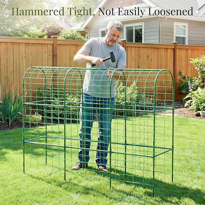 Housolution Cucumber Trellis for Raised Bed 67×48 U-Shape Garden Trellis for Climbing Plants Outdoors with 2×3m Net for Tomato Squash Zucchini Peas Beans Grape Fruit Flowers Green
