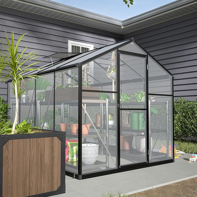 Polycarbonate Greenhouse 6'x8' Upgraded Heavy Duty Aluminum Walk-in Green House for Outdoor Garden with BaseAdjustment Roof VentHinged DoorRain Gutter2 GlovesFree Assembly Tools