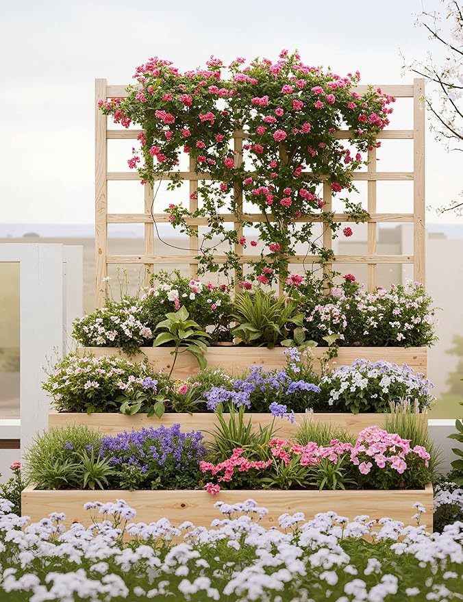 3-Tier Elevated Garden Planter Wooden Vertical Raised Bed with Trellis &amp Drainage Base – Ideal for Climbing Plants Flowers Herbs Vegetables – Outdoor Planter Box for Patio Yard or Lawn