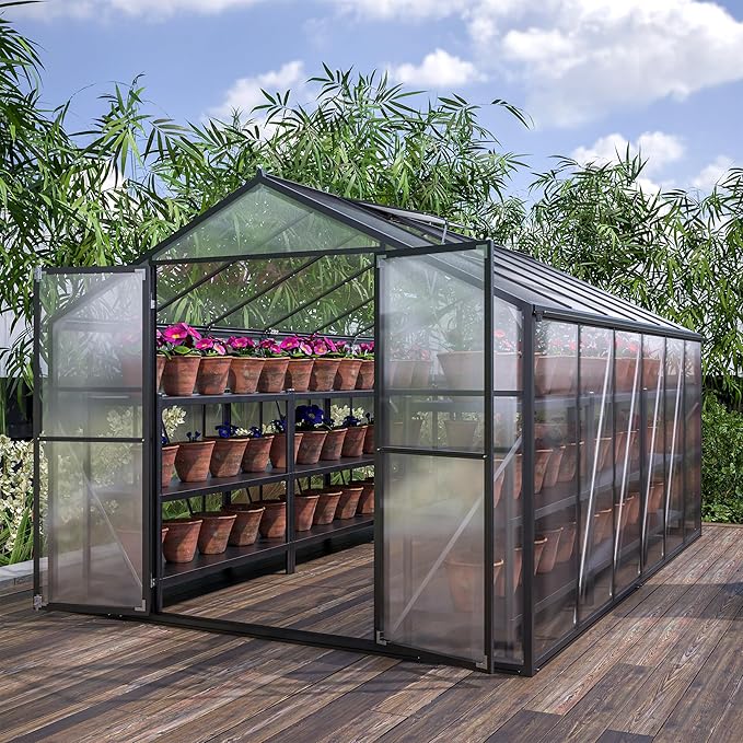 Heavy Duty Aluminum Greenhouse for Outdoor Winter Walk-in Polycarbonate Garden Greenhouse Kit with Base Adjustment Roof Vent Sliding Door Rain Gutter 2 Gloves Free Assembly Tools (8x12)