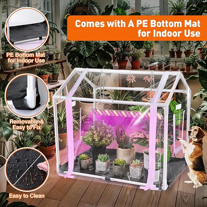Meonum Mini Greenhouse with Grow Light 23.6 L x 15.7 W x 19.6 H Portable Greenhouse with Waterproof Bottom Mat Timer 3 Light Color Mode for Indoor Outdoor Seed Starter Tray (Mini House Shape)