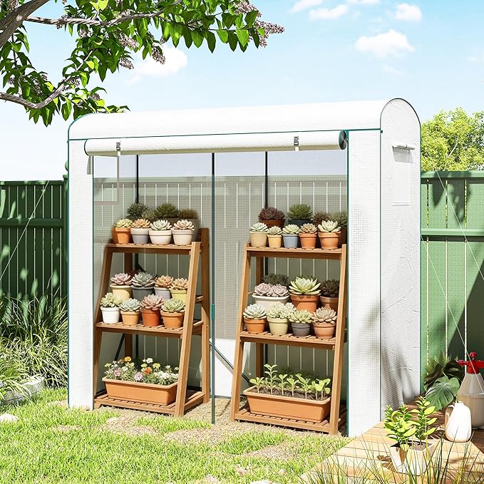 Outsunny Mini Greenhouse Portable Greenhouse with Roll-Up Door and 2 Mesh Windows Small Green House with PE Cover for Garden Patio Lawn 78.7 x 29.5 x 74 White