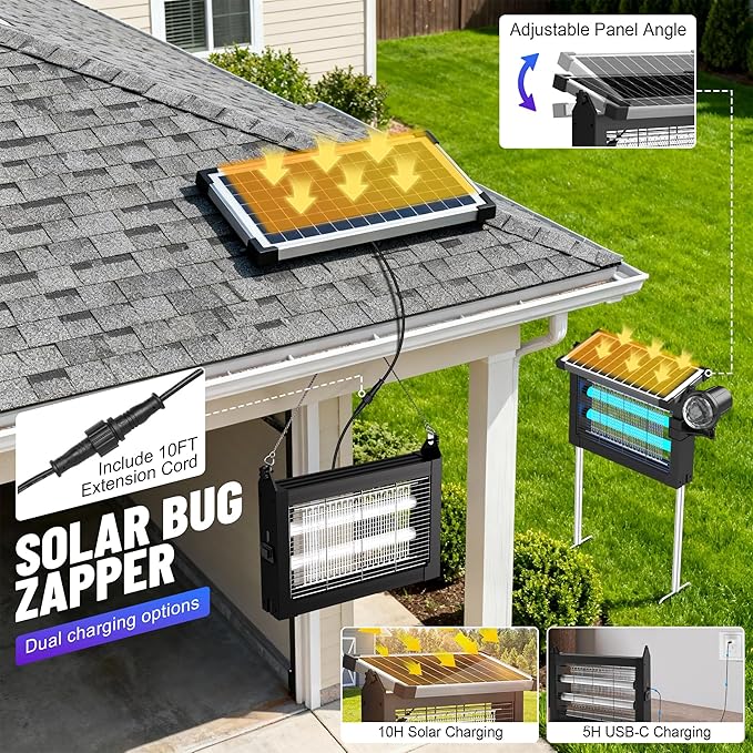 Solar Bug Zapper Outdoor Rechargeable &amp Solar Powered 4500V High Voltage for Effective Mosquito &amp Multi-Insect 14-Color Projector Light Waterproof for Camping Patio Courtyard Path Outdoor