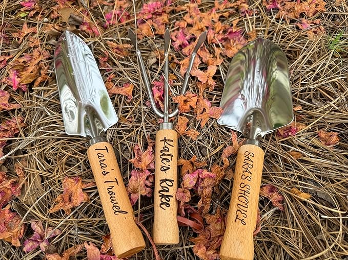 Personalized Garden Tools Gift Set for Gardeners - Custom Gardening Wooden Shovel Trowel &amp Rake with Bag