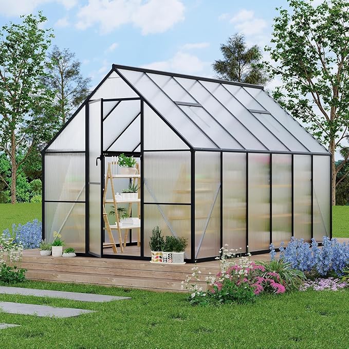 Greenhouse 8x12 FT Aluminum-Framed Heavy Duty Polycarbonate with Quick Setup Structure and Roof Vent Large Enhanced Outdoors Green House Kit