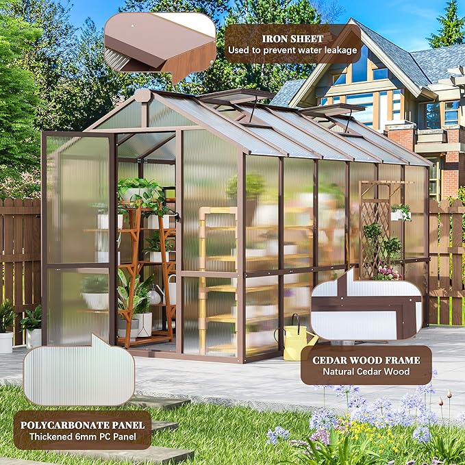 6x12 FT Wooden Greenhouse with Cedar Frame Walk-in Heavy Duty Green House for Outdoors with 6MM Thick Polycarbonate Panel and Adjustable Roof Vents Garden Backyard Patio Lawn Brown