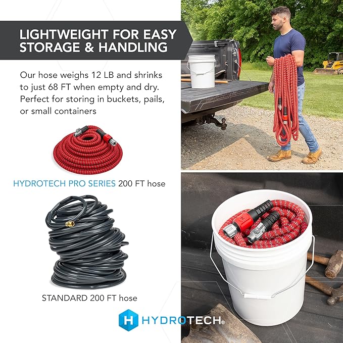 HydroTech 200 ft Expandable Garden Hose - Pro Series 2x Max Flow 3/4 No-Kink Flexibility Lightweight Hose for Lawn Garden Car Washing Deck and Patio Cleaning