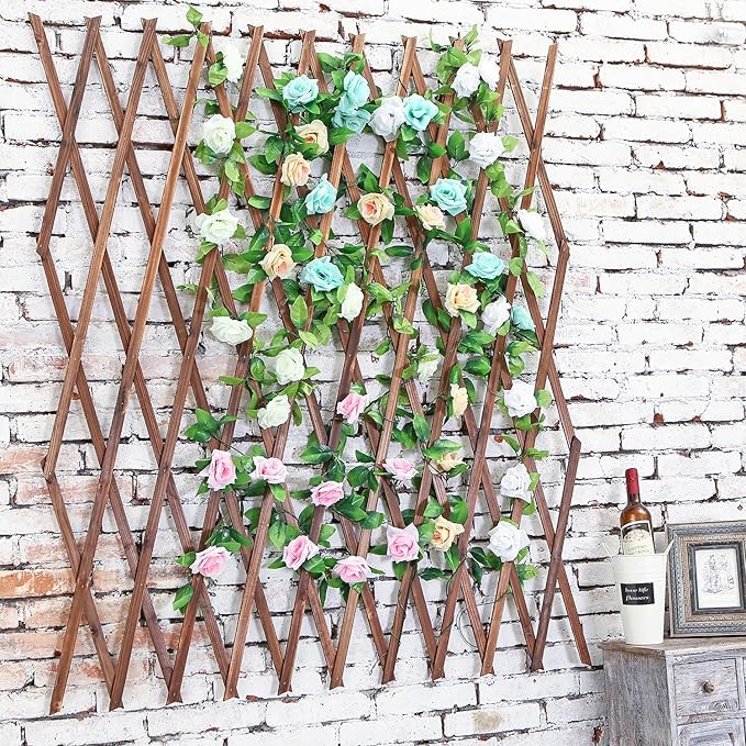 MyGift Nature Wood Trellis Expandable Wall Lattice Panels for Outside Decorative Lattice Trellis Frame for Climbing Plants Vine Ivy Rose Cucumbers Outdoor Balcony Garden