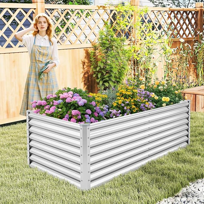Giantex 6x3x2ft Raised Garden Bed Large Metal Elevated Rectangular Planter Bed 271 Gallon Capacity Outdoor Planting Garden Box for Vegetable Flower Herb Grow (Silver)