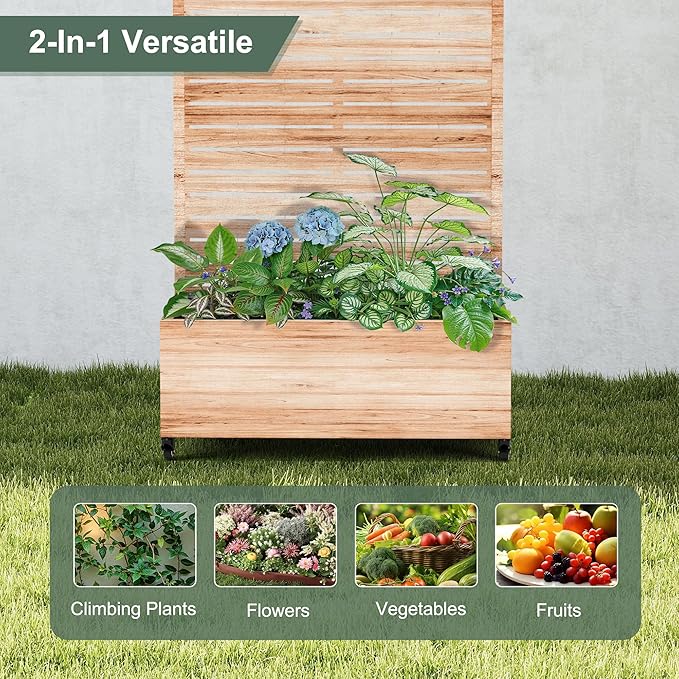 Metal Planter Box with Trellis for Patio Large Raised Garden Beds with Trellis Privacy Planter Box with Wheels Drainage Holes for Climbing Plants (35 L Square White Wood Grain)