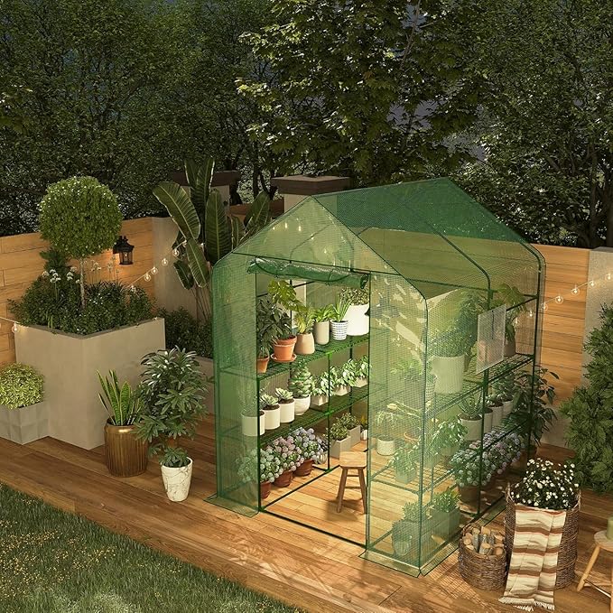 57x57x77 Inch Greenhouse for OutdoorPortable Walk in Greenhouses with Thicken PE CoverDurable Green House Kit with Window Vent 3 Tier 12 Shelves for Indoor Backyard Outside