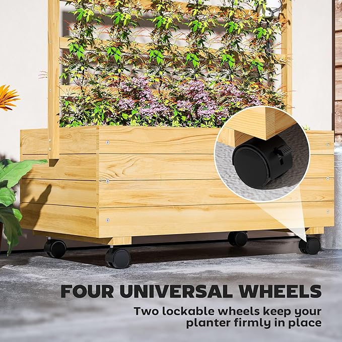 Outsunny Raised Garden Bed with Trellis and Wheels Outdoor Wooden Elevated Planter Box Freestanding Raised Flower Bed for Climbing Plants Flowers Herbs and Vegetables Natural