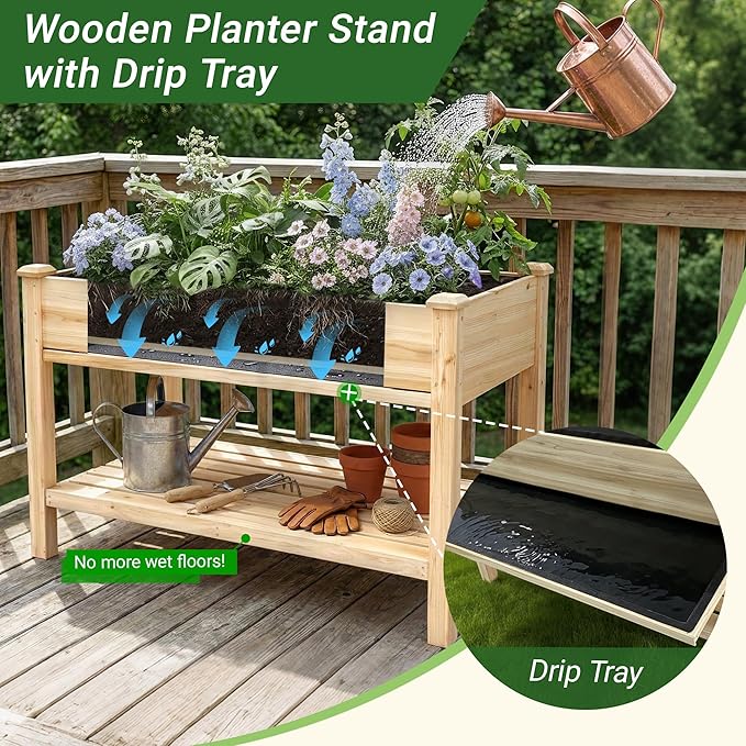 48 x 23 x 31 Inches Raised Garden Bed with Legs Elevated Wooden Planter Box for Outdoor Plants with Water Collection Tray Storage Shelf Protective Liner Natural