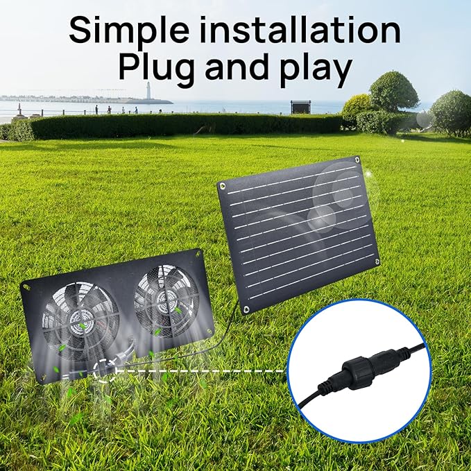 DC HOUSE 20W Solar Fan Powered Exhaust Fan for Chicken Coops Greenhouses Sheds Pet Houses and Windows - Waterproof and Plug Play Easy Connector Max Applicable Space 880ft3 (25 m3)