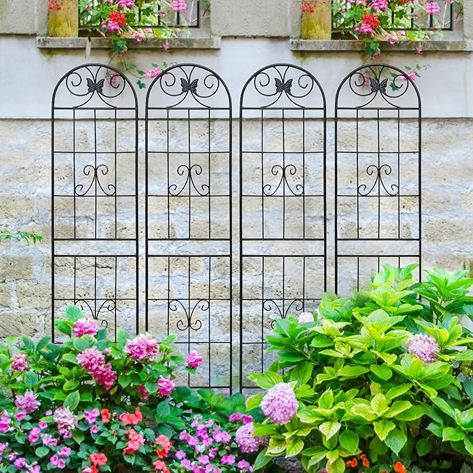 4 Pack Metal Garden Trellis for Climbing Plant Rose Stand Black Outdoor 86.7'' Tall Flower Support Iron Garden FenceBlack 4pack