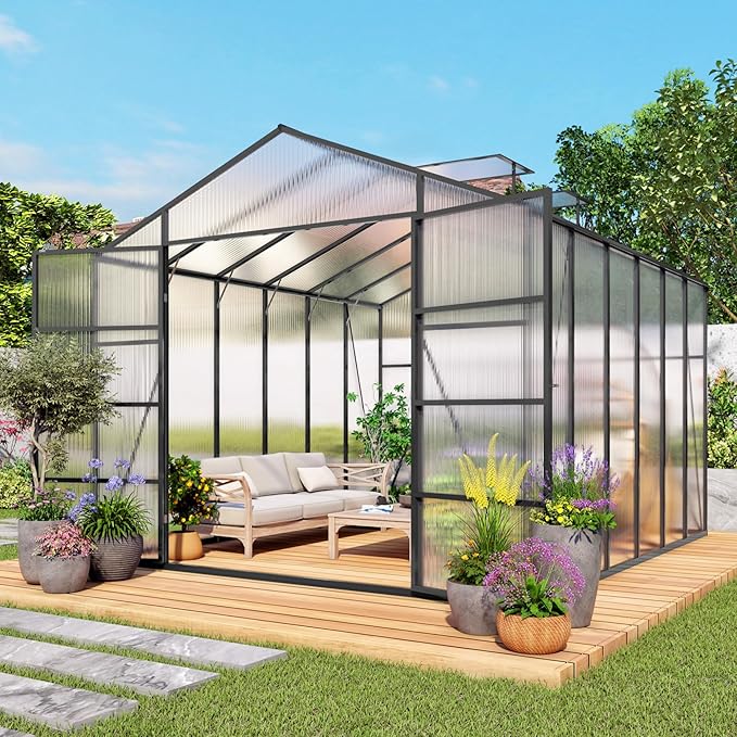 104in High 10x12FT Greenhouse for Outdoors Polycarbonate Greenhouses with Stronger Wind Protection and Roof Vent Walk-in Large Aluminum Winter-Proof Sunroom Black
