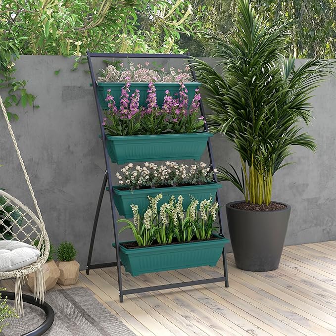 Raised Garden Bed 4 Tier Vertical Garden Planter Set 4 Outdoor Planter Boxes with Stand Self Draining Design Elevated Garden for Vegetable Flowers &amp Herbs Green