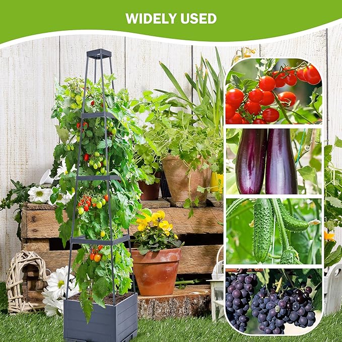 GENMOUS Raised Garden Bed with Tomato Planter Box Trellis 56'' Tomato Cages for Garden Tomato Planter Cage for Patio for Climbing Plants Vegetable Vine Flowers Outdoor &amp Indoor 4 Pack